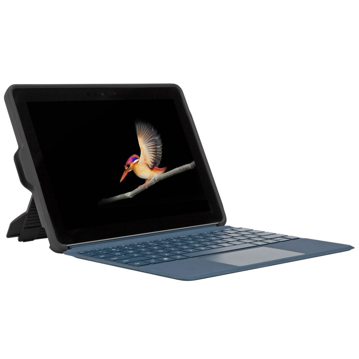 Un portátil azul con pantalla táctil, teclado y una imagen de un pájaro.