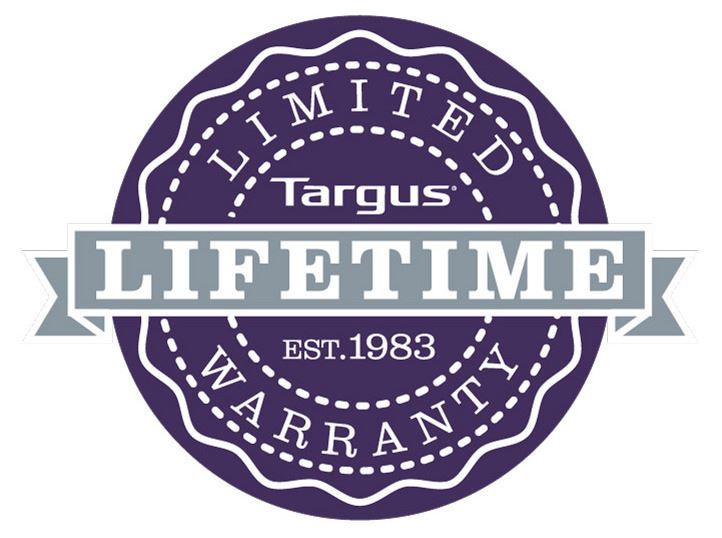 Un logotipo de Targus Lifetime Warranty en una insignia morada, con texto blanco y acentos.