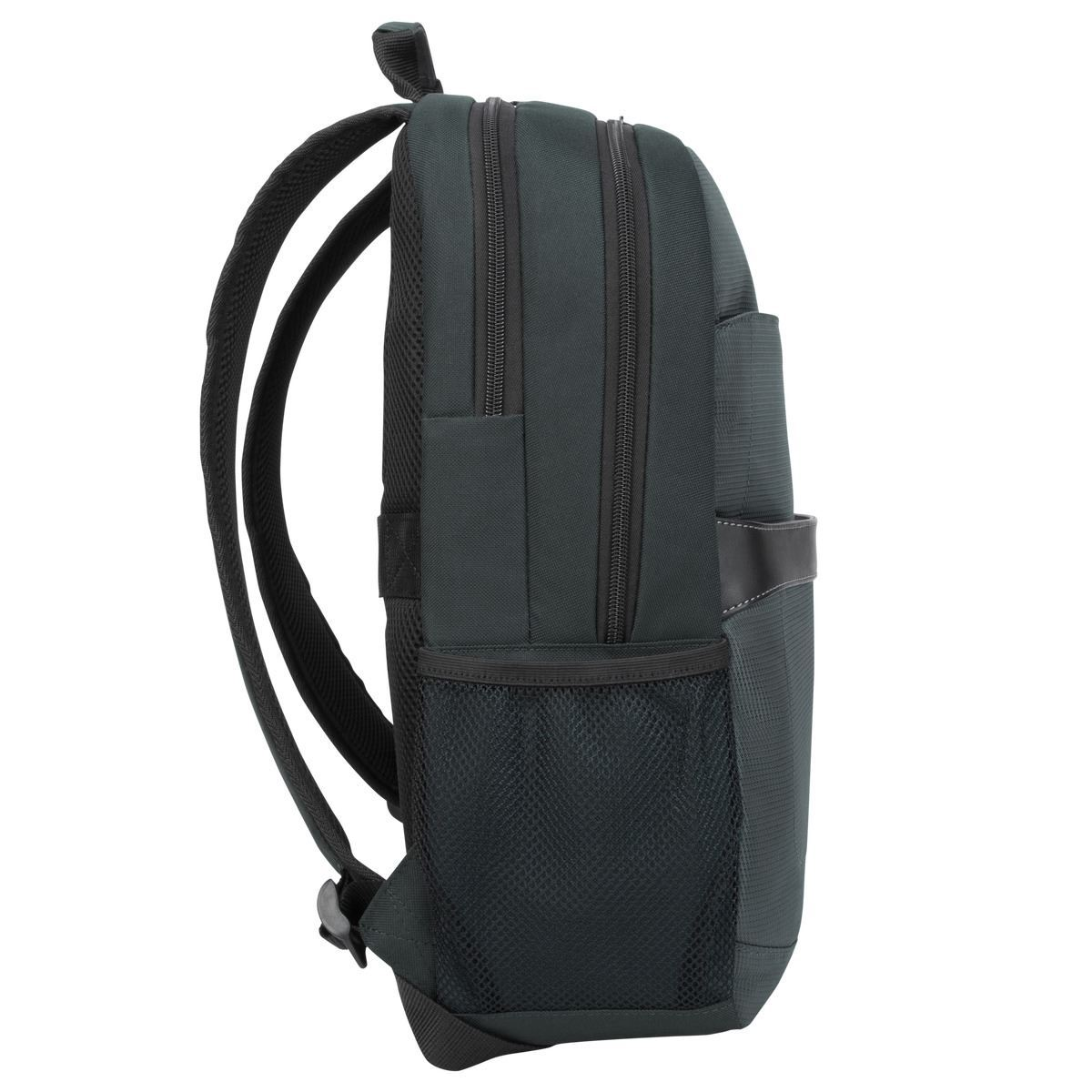 Mochila verde oscuro. Vista lateral. Dos bolsillos con cremallera. Bolsillo de malla. Correas negras.