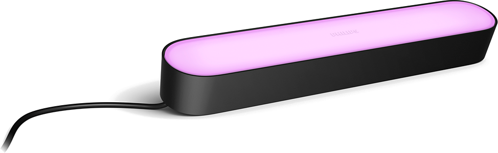 A black Philips Hue Play light bar, emitting a pinkish purple glow, with a black power cable.