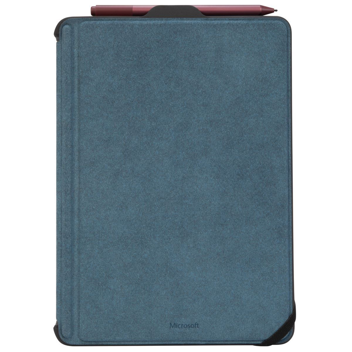 Funda azul para tableta con bolígrafo adjunto.