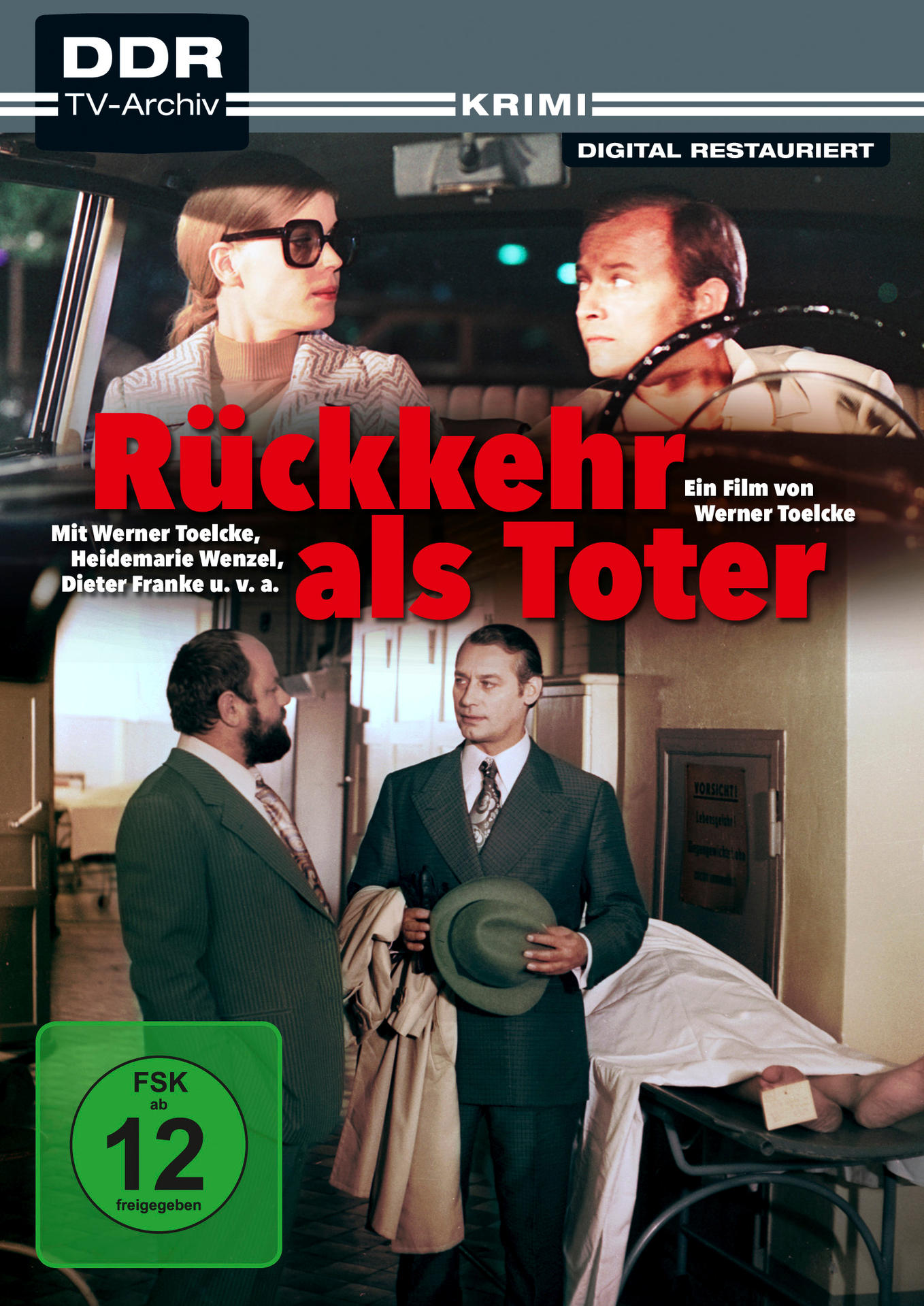 DVD-Cover eines deutschen Films mit Personen, die einen Toten betrachten, Titel in Rot.
