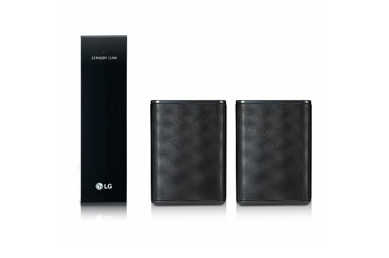 Sistema de barra de sonido LG con un subwoofer vertical y dos altavoces rectangulares.