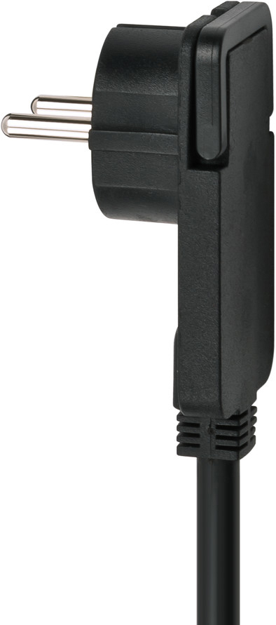 Schwarzer Elektrostecker mit rechtwinkligem Design und dickem schwarzem Kabel.