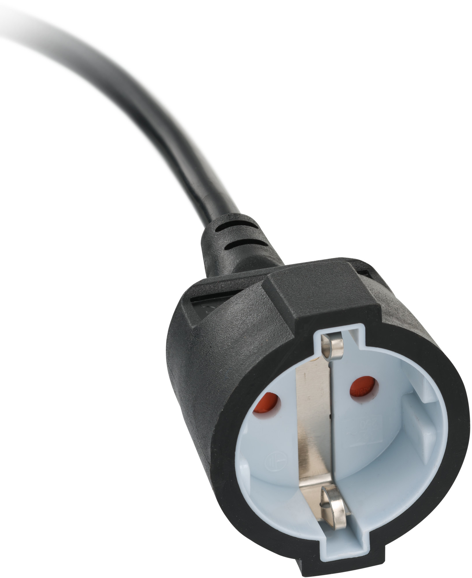 Schwarzer Netzstecker mit zwei Stiften und Erdungskontakt, verbunden mit schwarzem Kabel.