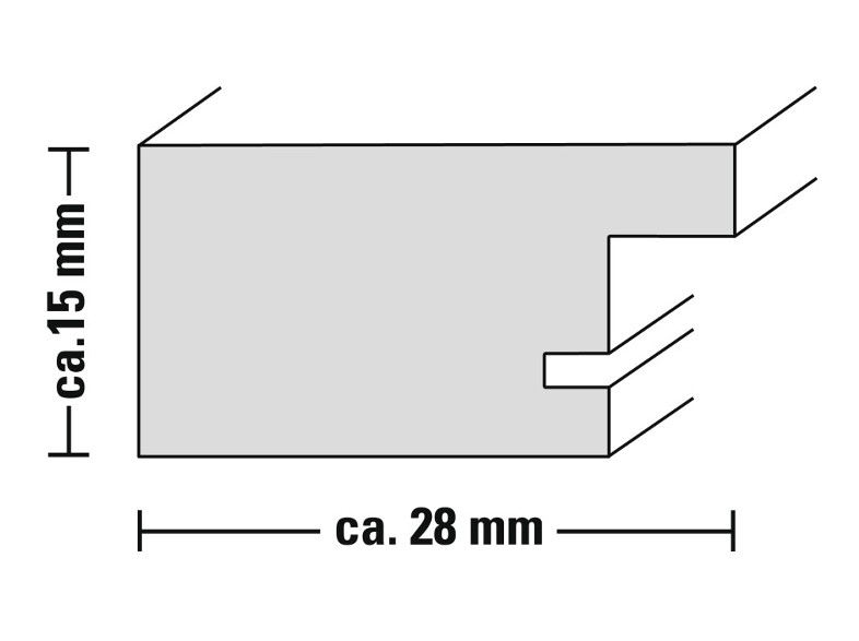 Szürke fa keret rész, méretekkel: kb. 15 mm és kb. 28 mm.