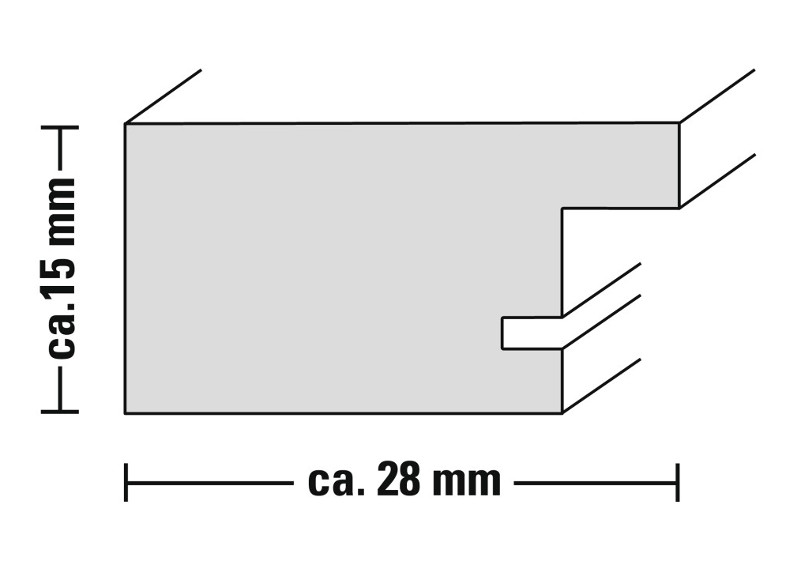 Egy fa gerenda 3D-s sematikus rajza kivágással, 15 mm x 28 mm méretekkel.