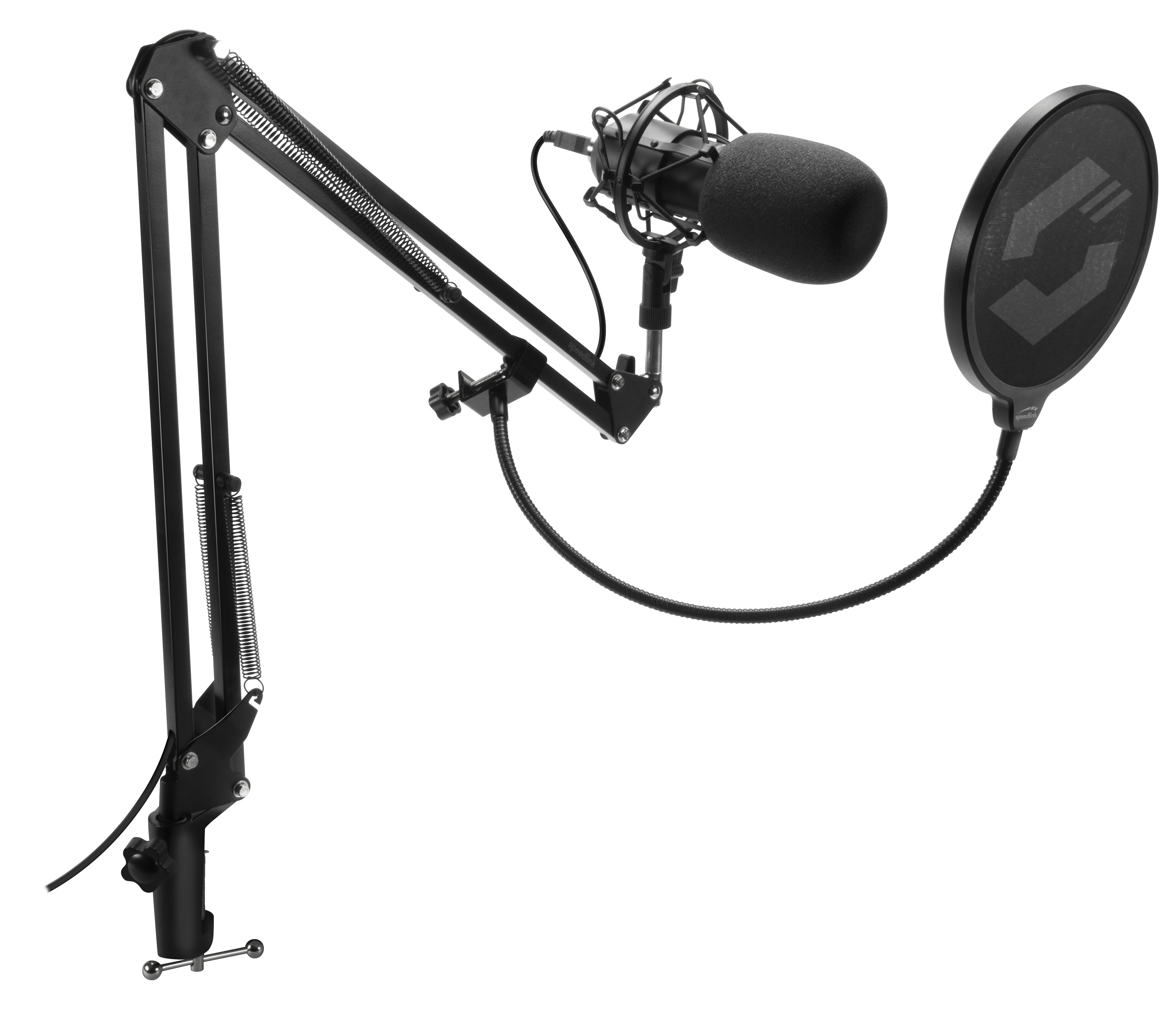 Ein schwarzes Mikrofon mit Pop-Filter auf einem schwarzen Arm wird gezeigt.