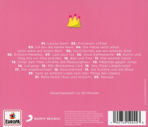 Eine CD-Rückseite. Rosa Hintergrund, Textliste, eine gelbe Krone und Europa-Logo.