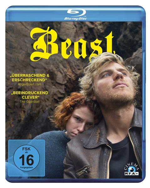 Ein Filmcover mit einem Mann und einer Frau, mit dem Titel 'Beast' und Text.