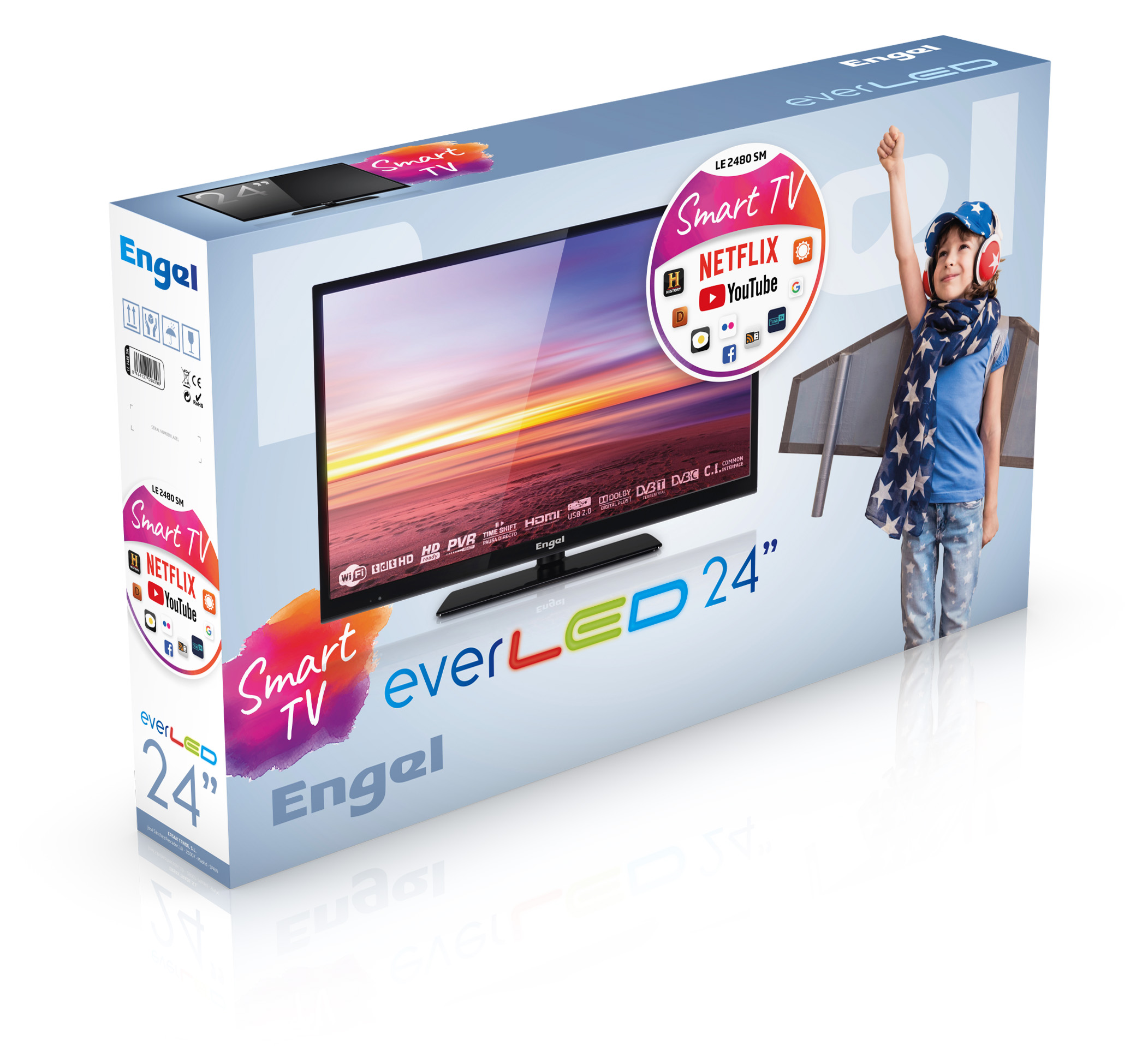 TV LED 24" - Engel Ever LED LE2480SM, Smart TV, HD, HDMI, USB, Dolby Digital Plus, Wi-Fi, Netflix