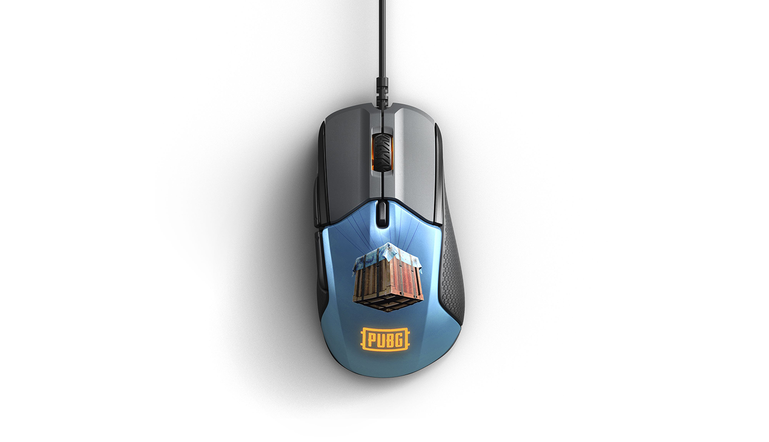 Een PUBG gamingmuis met een kistgrafiek op een lichtblauwe sectie op een witte achtergrond.