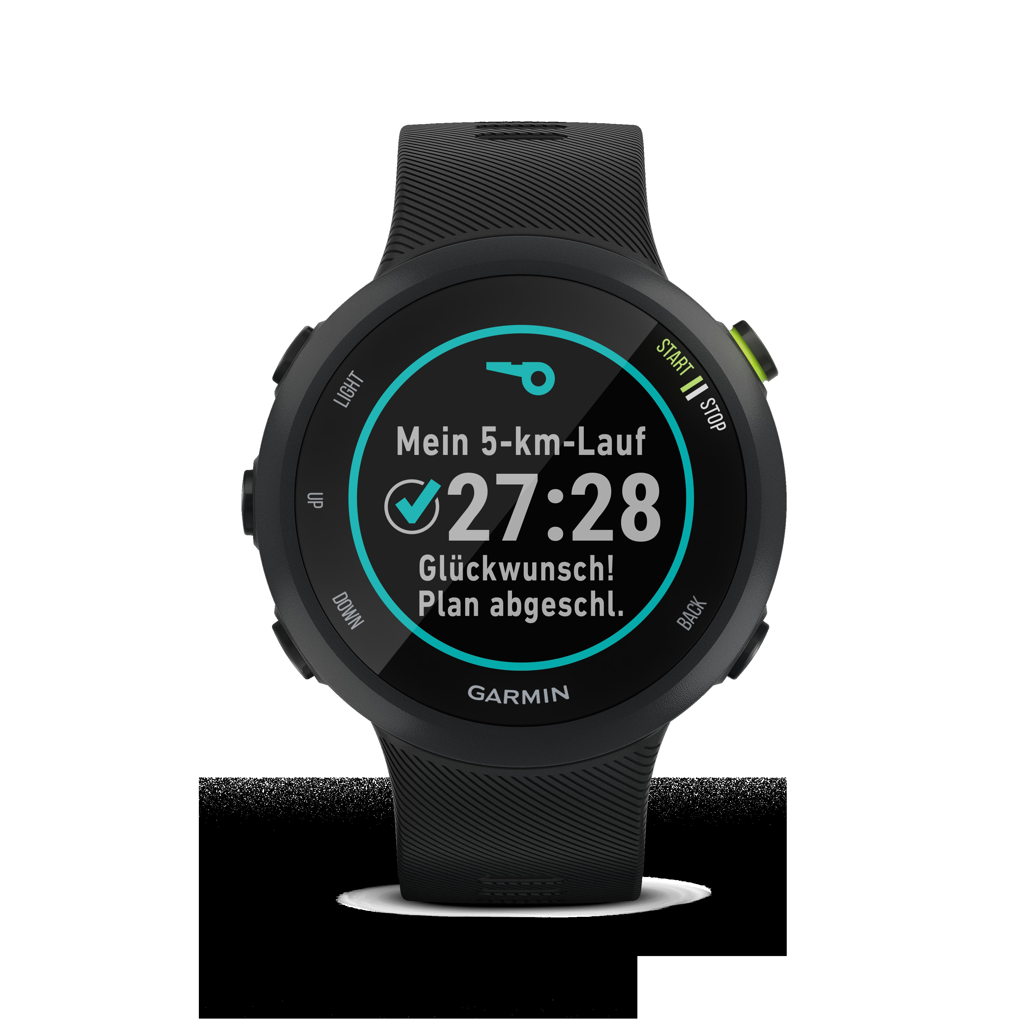 Eine schwarze Sportuhr mit Laufzeit, Text und grünem Akzentknopf.