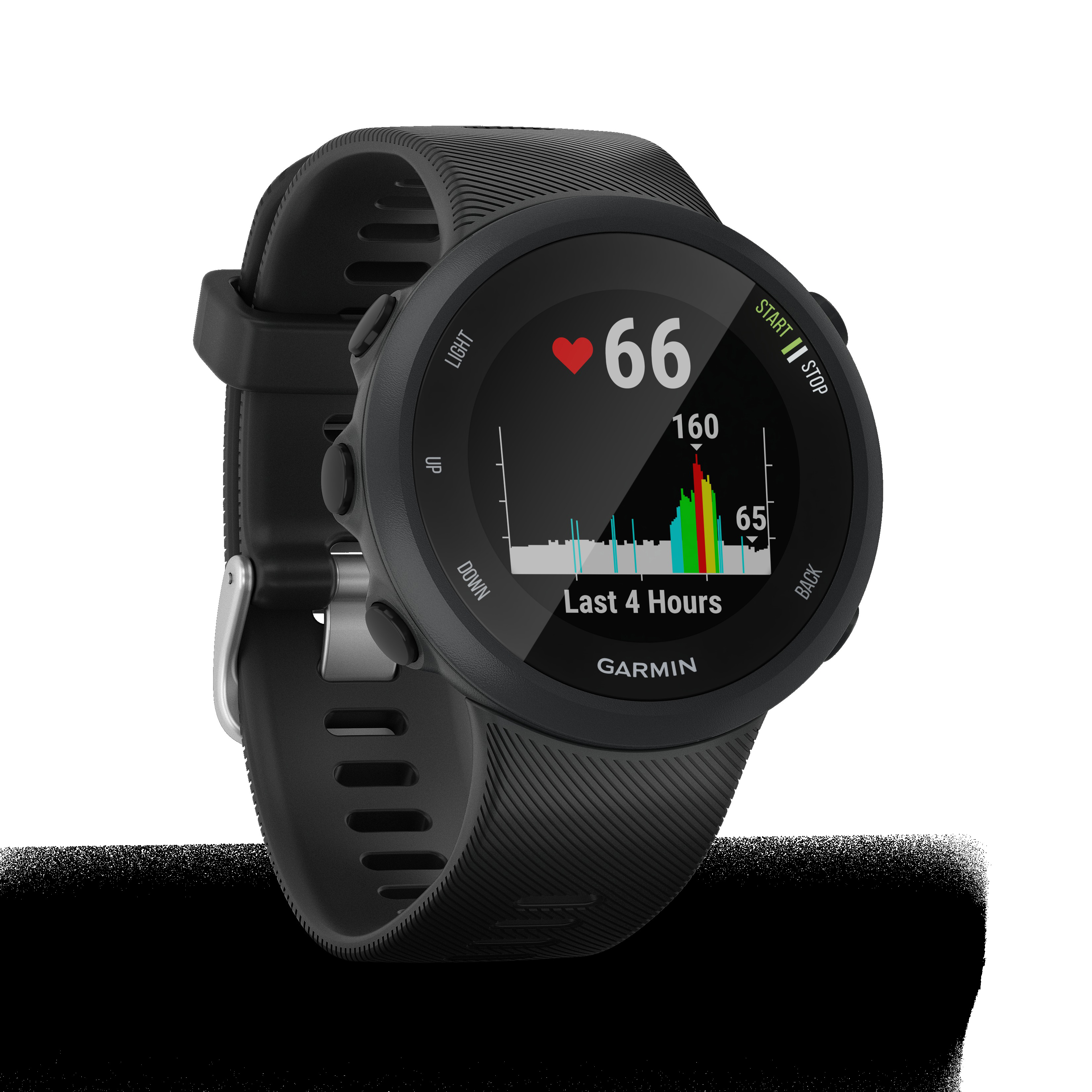 Schwarze Smartwatch mit Herzfrequenzanzeige. Zeigt 66 bpm. Hat ein Diagramm der 'letzten 4 Stunden'.