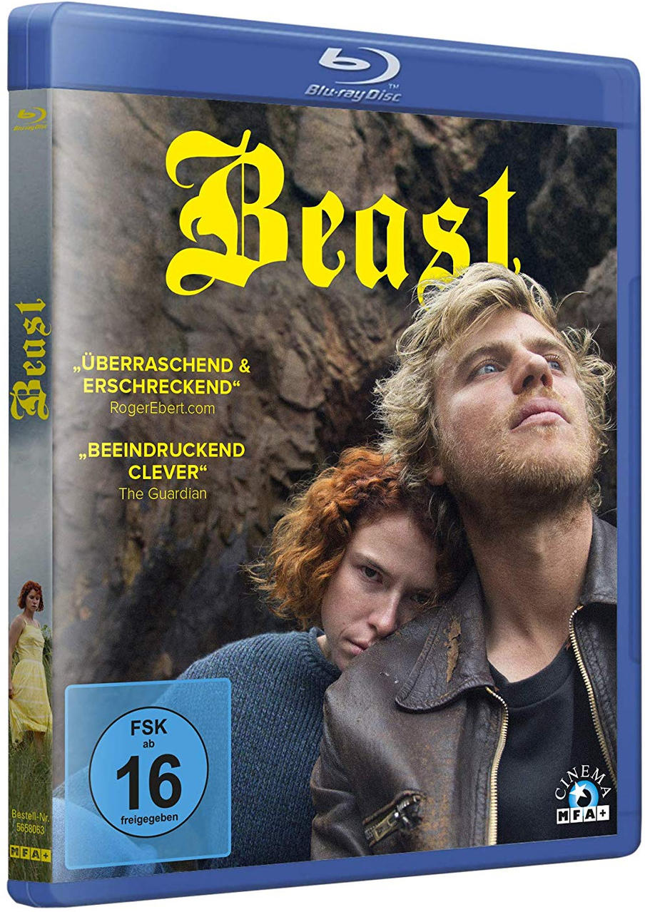 Blu-ray-Cover des Films 'Beast' mit zwei Personen vor felsigem Hintergrund.