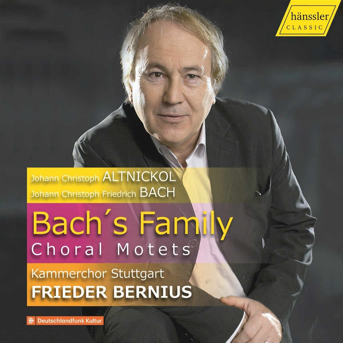 Pochette d'album : Portrait d'un homme avec du texte sur les Motets choraux de Bach.