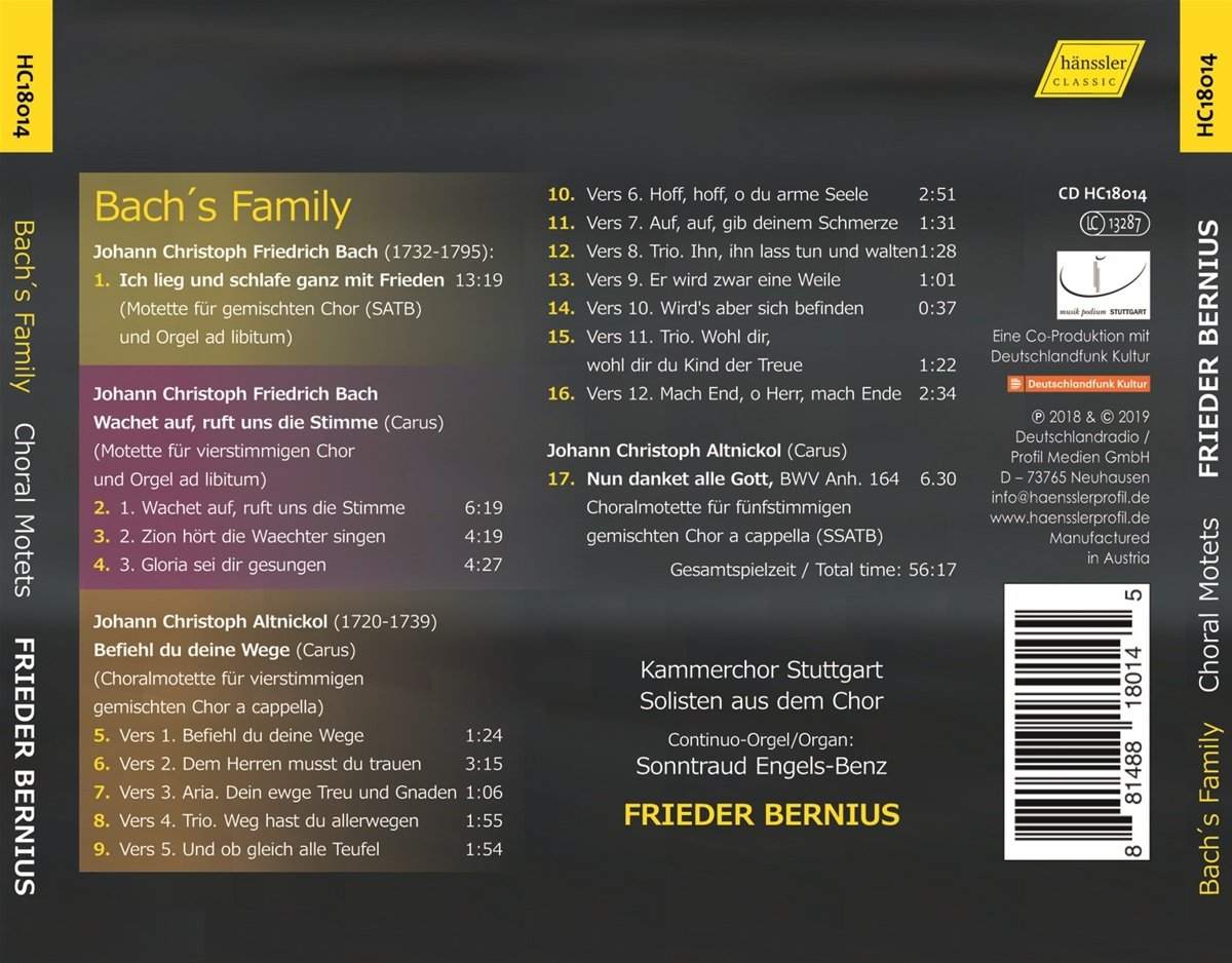 Pochette de CD avec texte : Bach's Family. Liste des morceaux et crédits affichés.