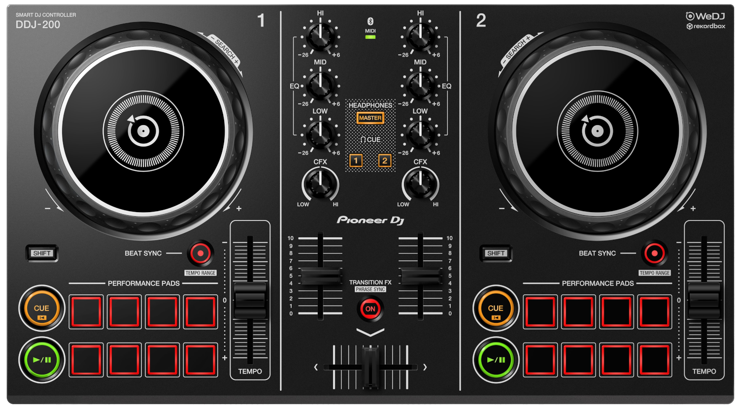Een Pioneer DJ DDJ-200 controller. Het heeft twee decks, een mixer en performance pads.