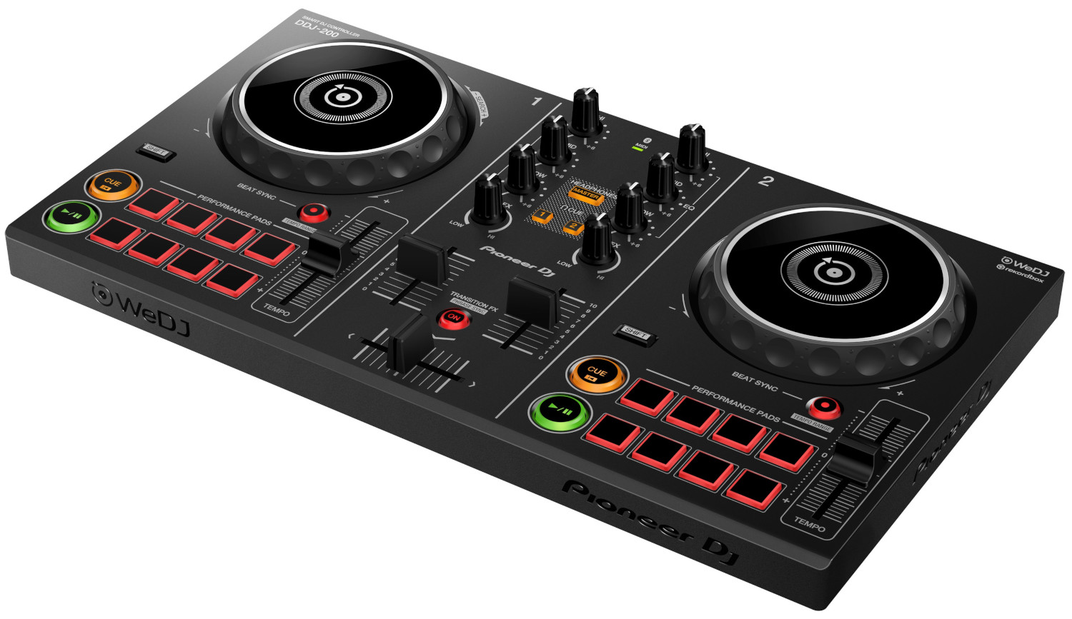 Zwarte Pioneer DJ-controller met twee jogwielen en diverse bedieningsknoppen.