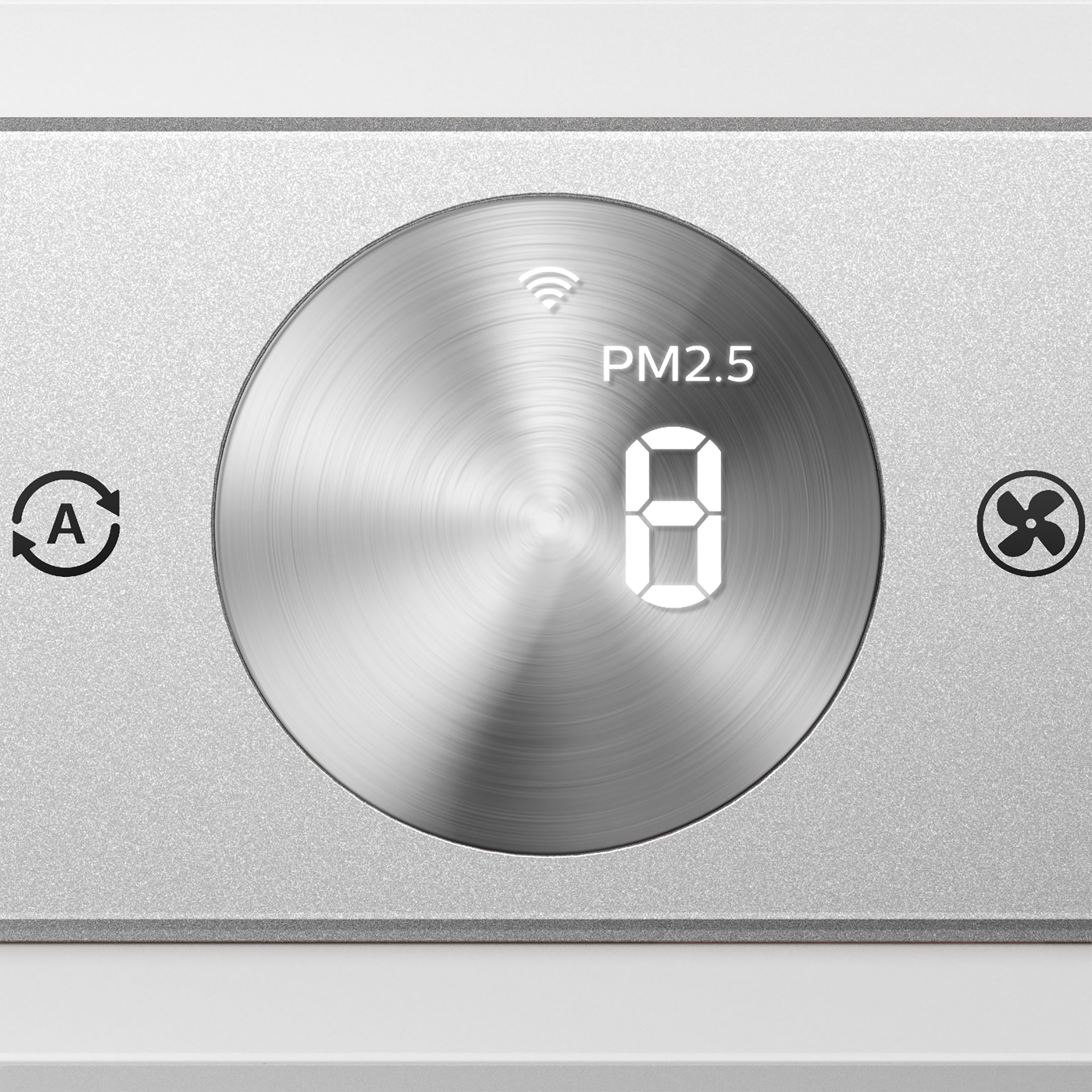 Silbernes Luftqualitätskontrollfeld. Zeigt 'PM2.5' und '8', mit WLAN- und Lüftersymbolen.