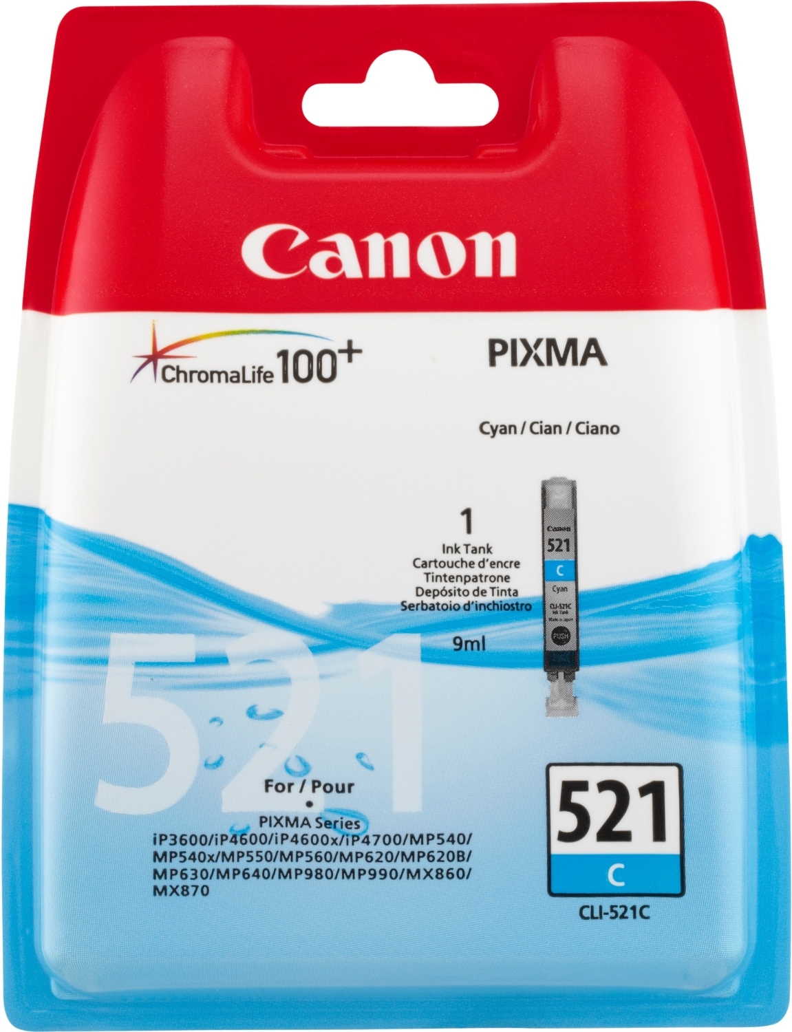Canon PIXMA 521 Cyan mürekkep kartuşu yazıcı ambalajında.