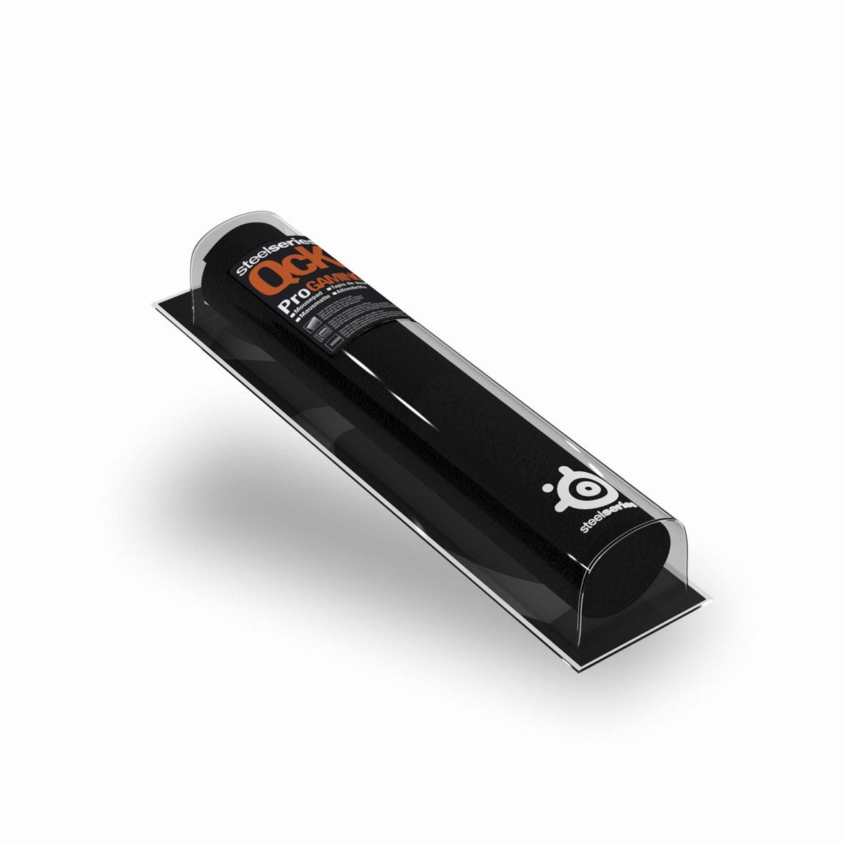 Şeffaf plastik kap içinde siyah silindirik bir nesne, turuncu etiketli.