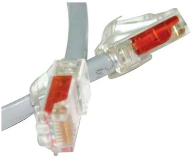 Kırmızı eklerli şeffaf RJ45 konnektörlü iki gri ağ kablosu. Yakın çekim.