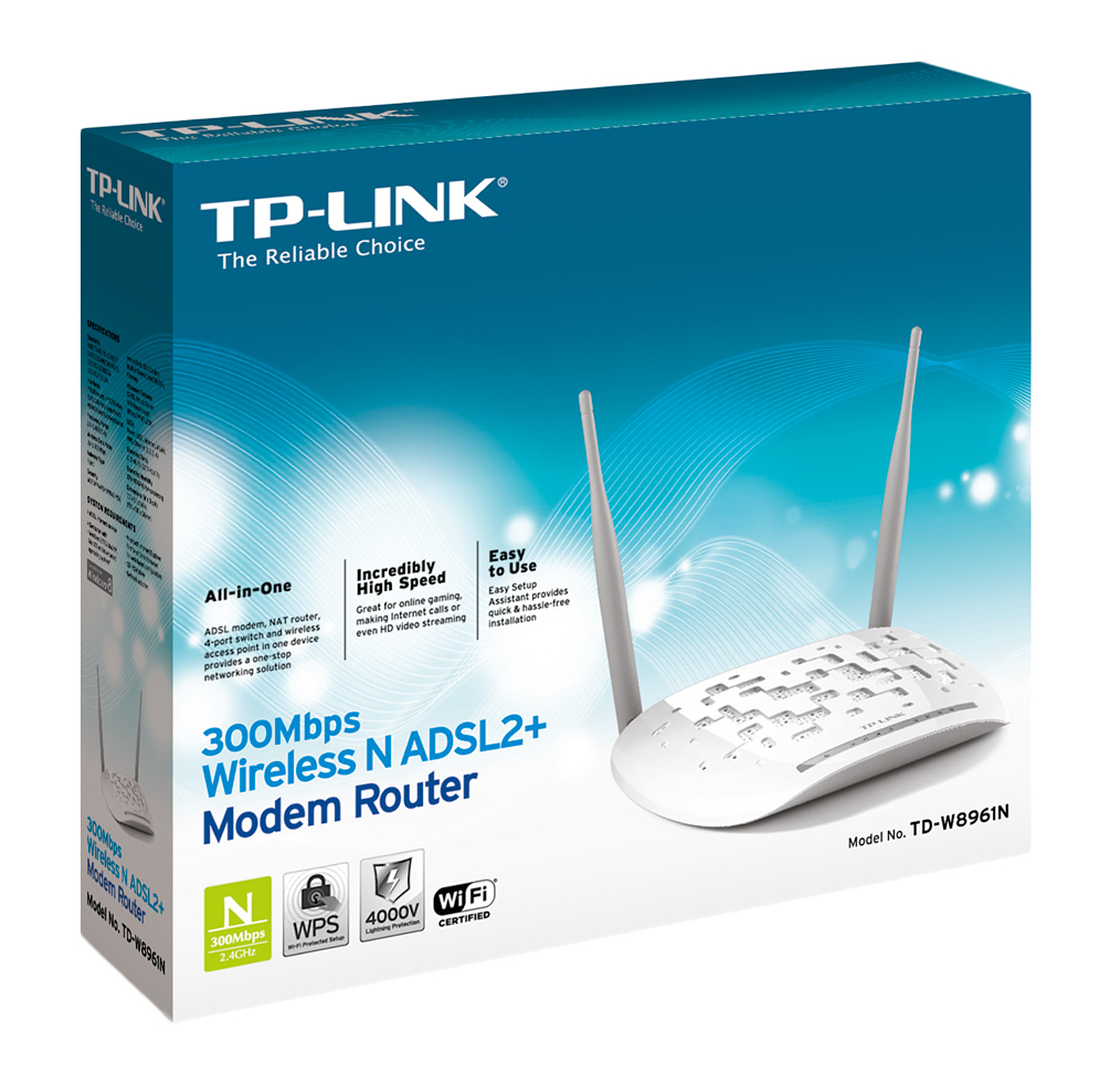Beyaz TP-Link modem yönlendirici kutusu. Metin, logolar ve cihazın bir resmi var.