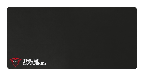 Siyah mousepad üzerinde beyaz 'TRUST GAMING' yazısı ve logo.