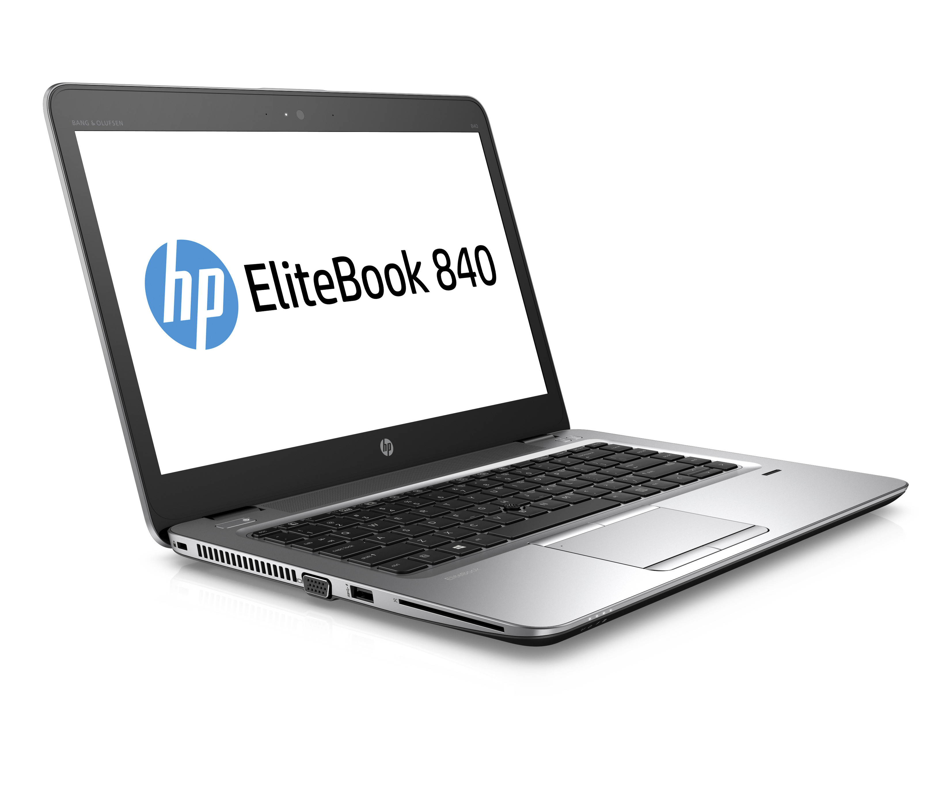 Siyah klavyeli gümüş dizüstü bilgisayar, ekranda HP EliteBook 840, beyaz zemin.