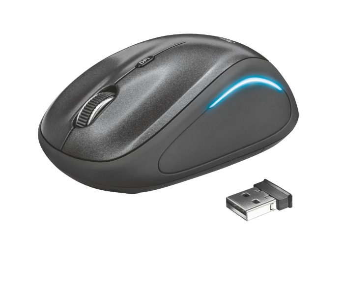 Beyaz bir arka plan üzerinde USB alıcısı ve mavi ışıkla siyah bir Trust kablosuz fare.