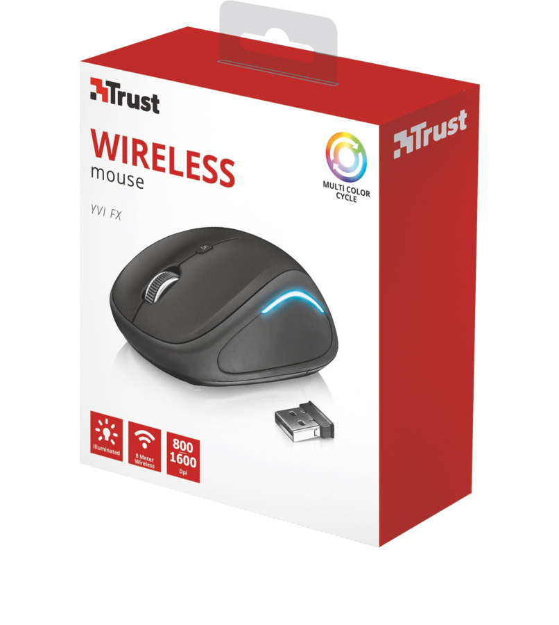 Kırmızı bir kutuda siyah kablosuz fare. Kutu, fareyi, bir USB alıcısını ve özellikleri gösterir.