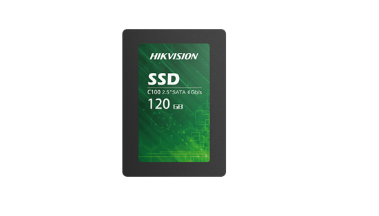 Beyaz zemin üzerinde 'HIKVISION' ve 'SSD' etiketli siyah ve yeşil SSD.