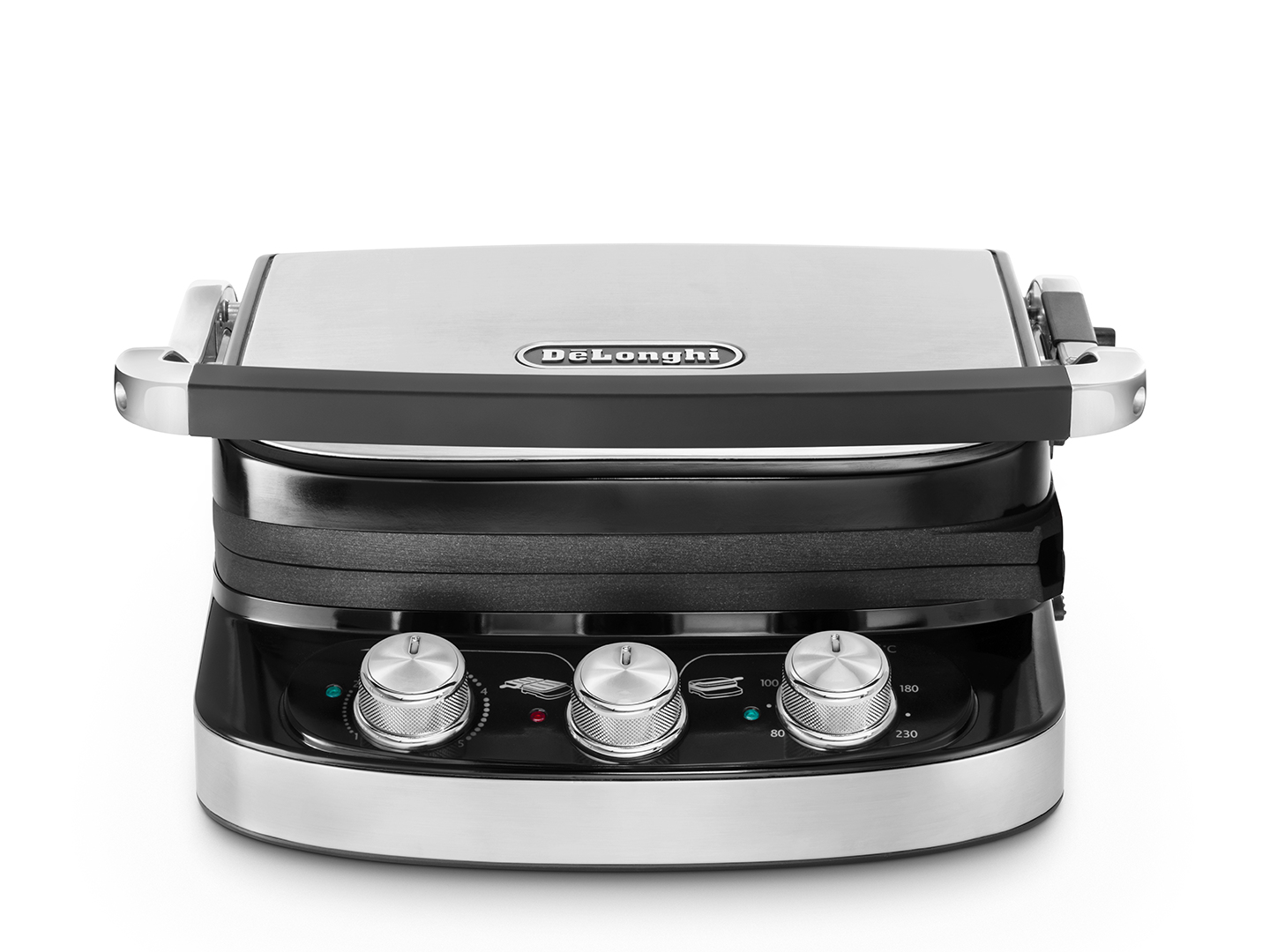 Gümüş ve siyah bir DeLonghi panini ızgarası gösteriliyor.