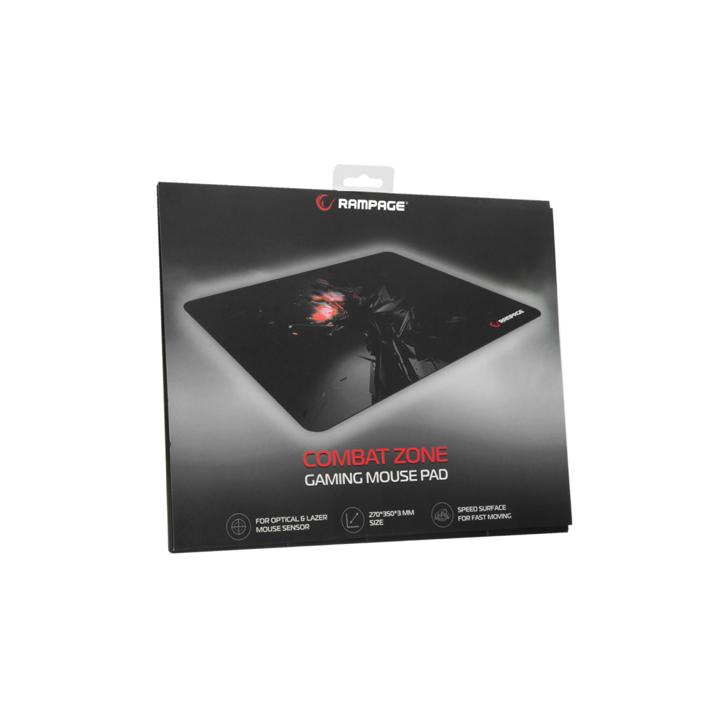 Ürün adını ve özelliklerini gösteren kutusu olan siyah ve kırmızı oyun mouse pad.