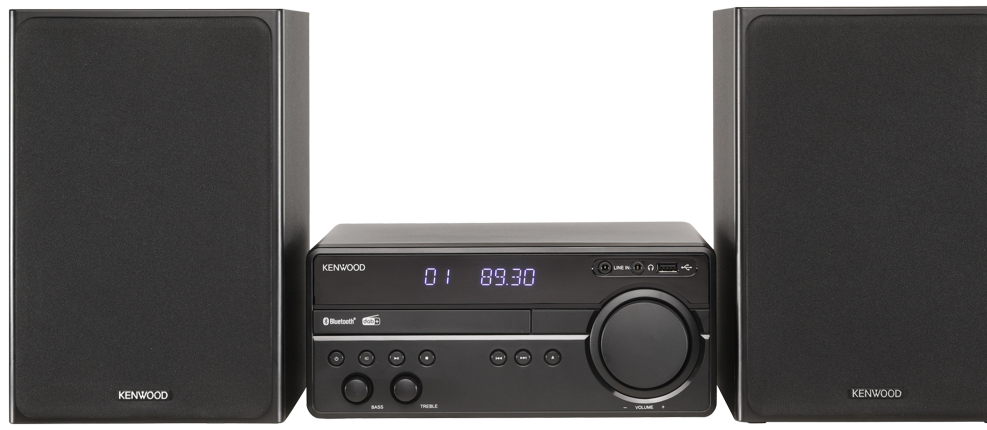 Een zwart Kenwood stereosysteem met twee speakers, een display en bediening.