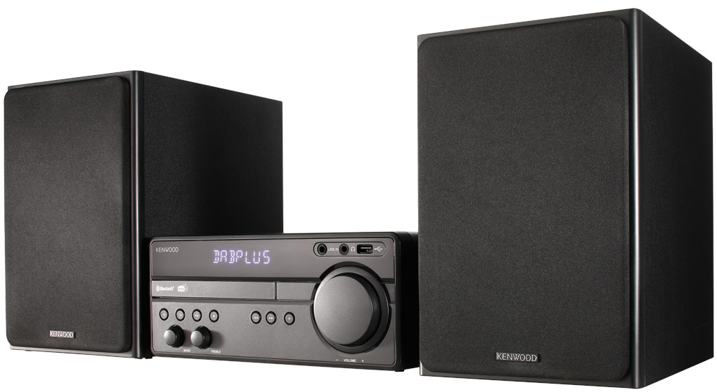 Kenwood stereosysteem met twee speakers en een centrale unit. Zwart.