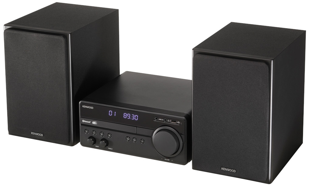 Zwart Kenwood stereosysteem met twee luidsprekers.
