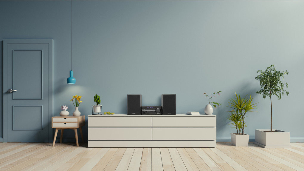 Woonkamer met een geluidsinstallatie op een witte kast, een deur en een potplant.