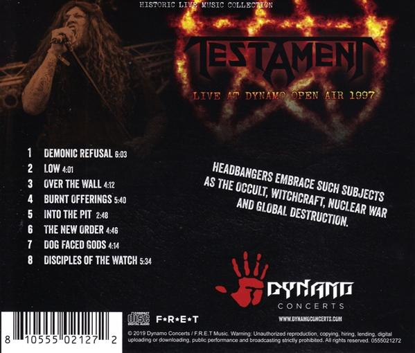 CD cover with a band on stage, a burning logo, track list, and text about occult themes.