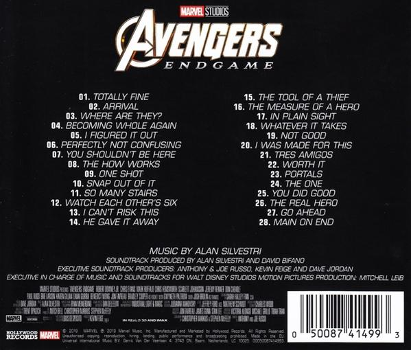 Avengers Endgame soundtrack albumhoes, met tracklijst en albumkunst, op donkere achtergrond.