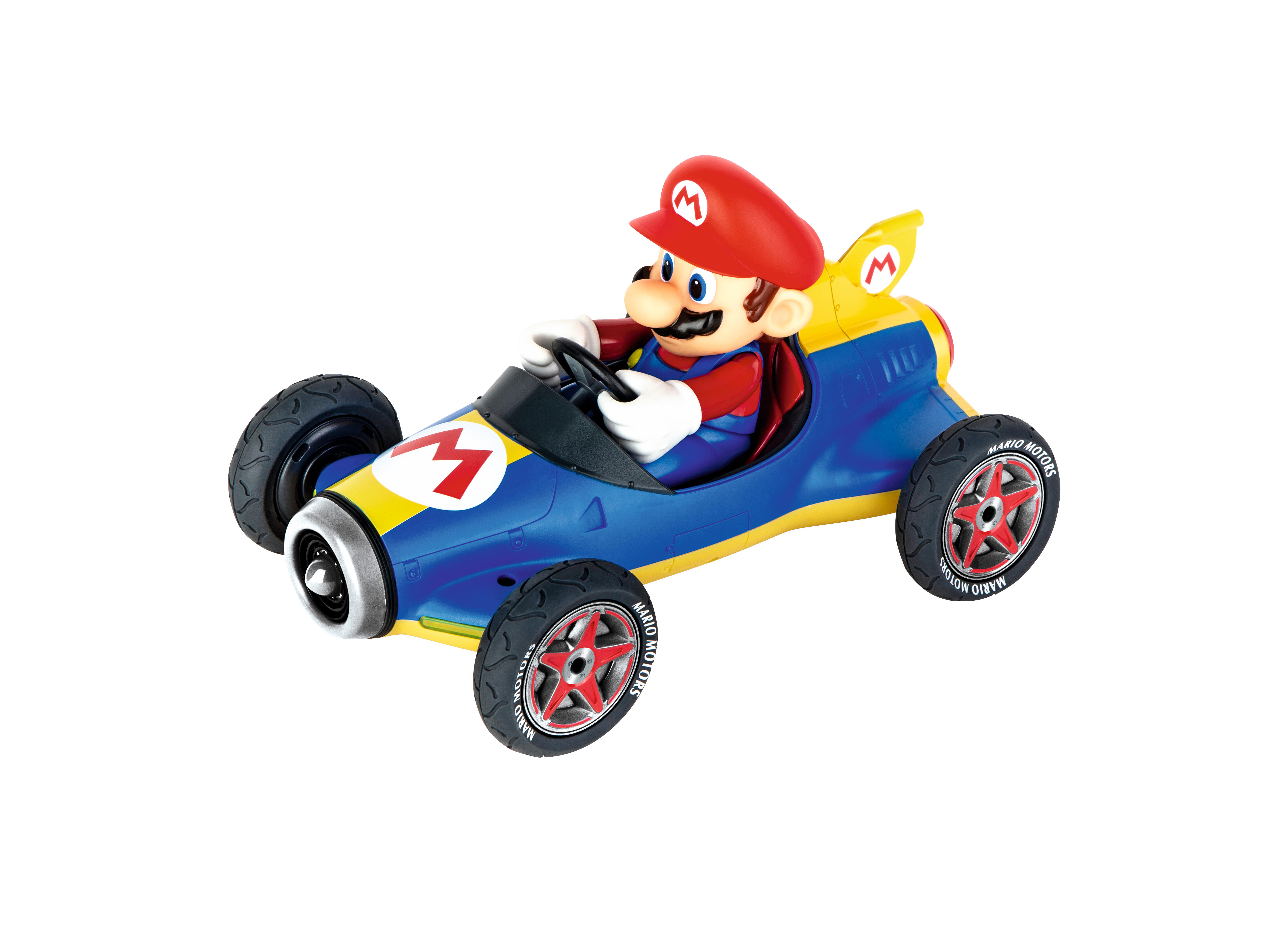 Mario in einem blau-gelben Kart mit schwarzen Reifen, roten Sternen und roter Mütze. Der Hintergrund ist weiß.