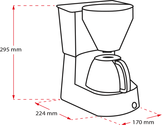 Un diagramma di una caffettiera con dimensioni indicate in millimetri.