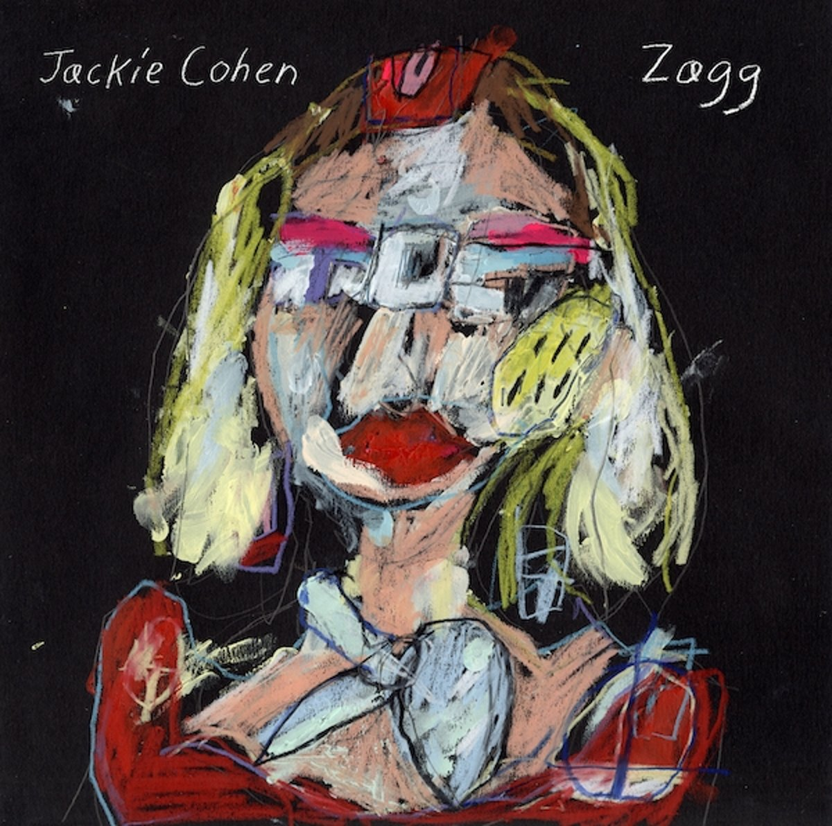 Pochette d'album avec une peinture de visage abstraite, avec des lèvres rouges et une coiffure en désordre. Le fond est noir.