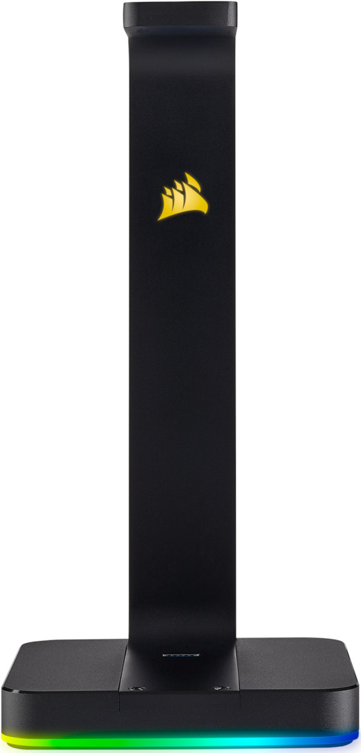 Black headphone stand with a yellow logo, and a color changing base.