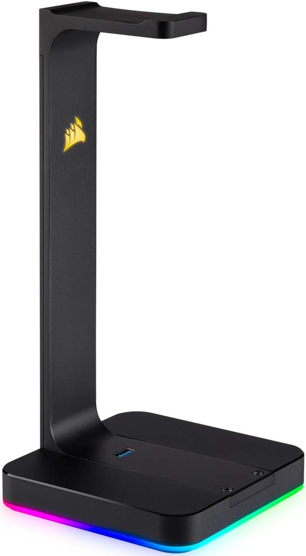 Black headphone stand with RGB lighting. A gold Corsair logo is visible.