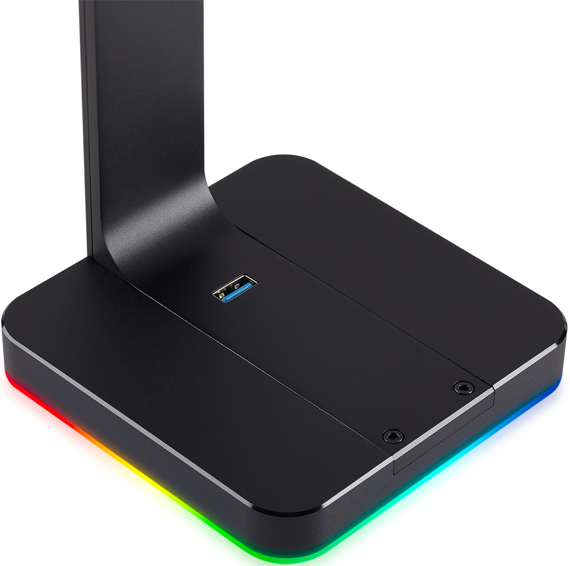 Black base with USB port and RGB lights around the edges, against a white background.