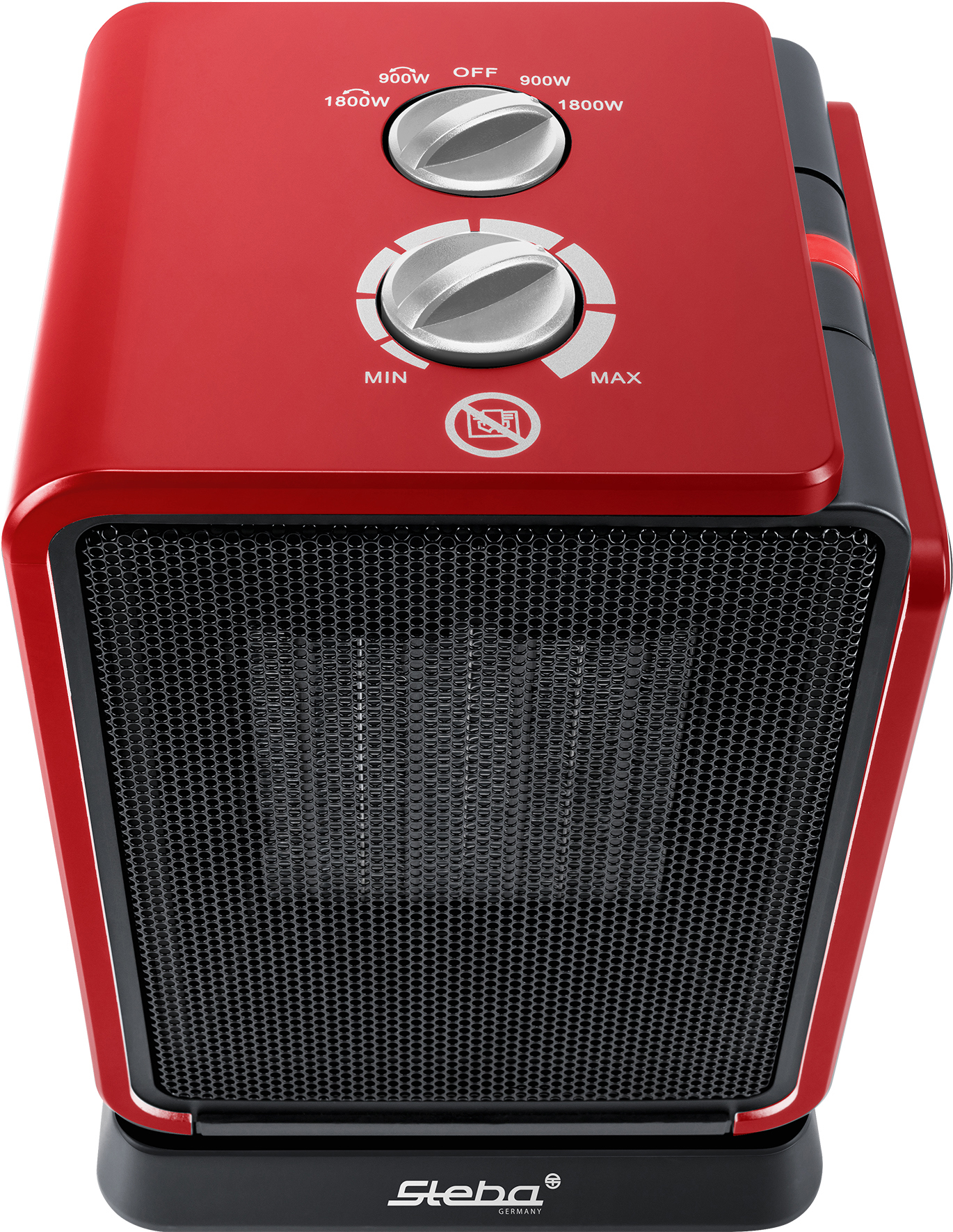 Ein roter Elektroheizer mit Bedienrädern. Es hat einen schwarzen Grill und Sockel.