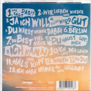 Rückseite einer CD-Hülle mit Songtiteln in Weiß auf farbigem Hintergrund.
