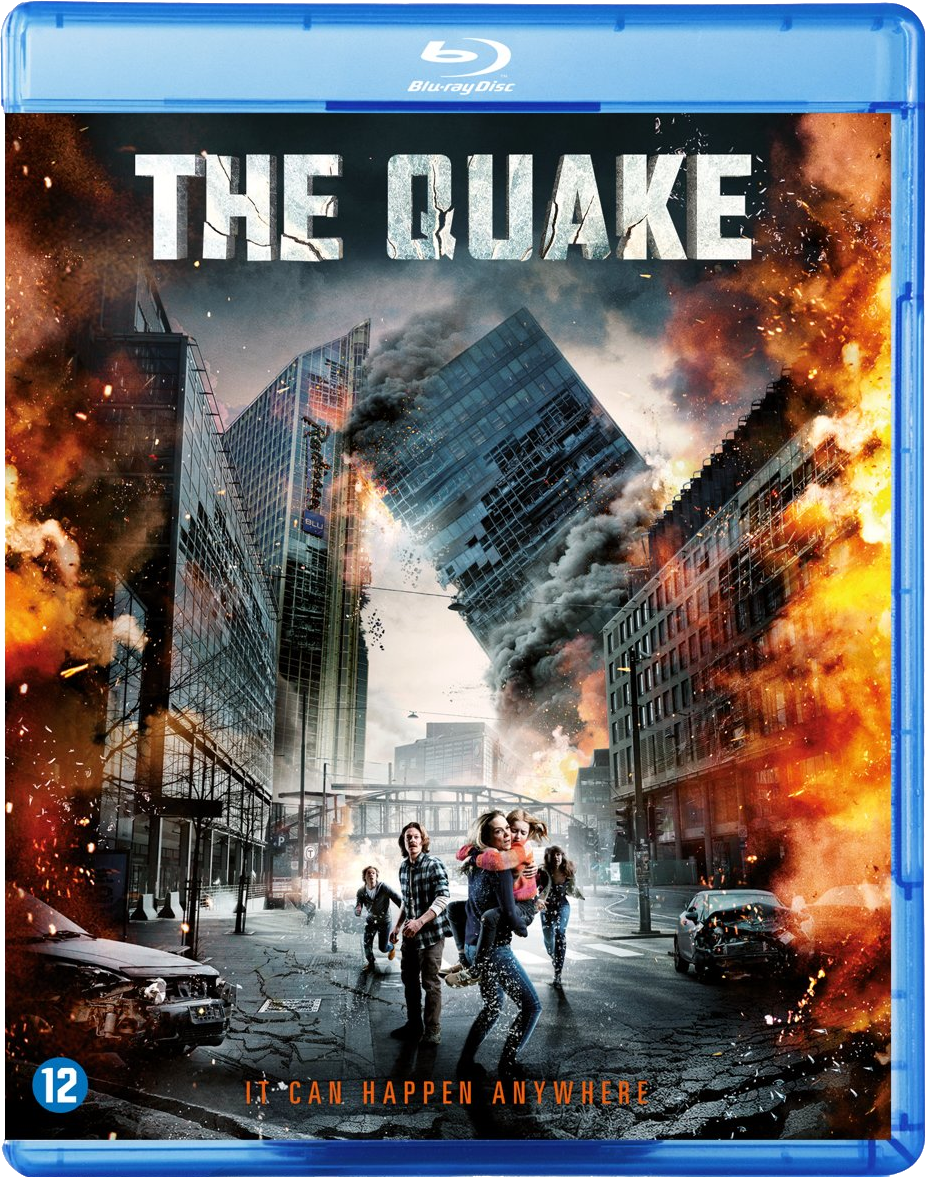 Couverture de disque Blu-ray pour The Quake. Bâtiments s'effondrant avec des gens qui s'enfuient. Couleurs bleu et orange.